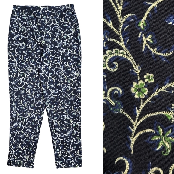 Vintage Talbots Black Blue Floral Paisley Pants Stretch Side Zipper - Picture 1 of 10